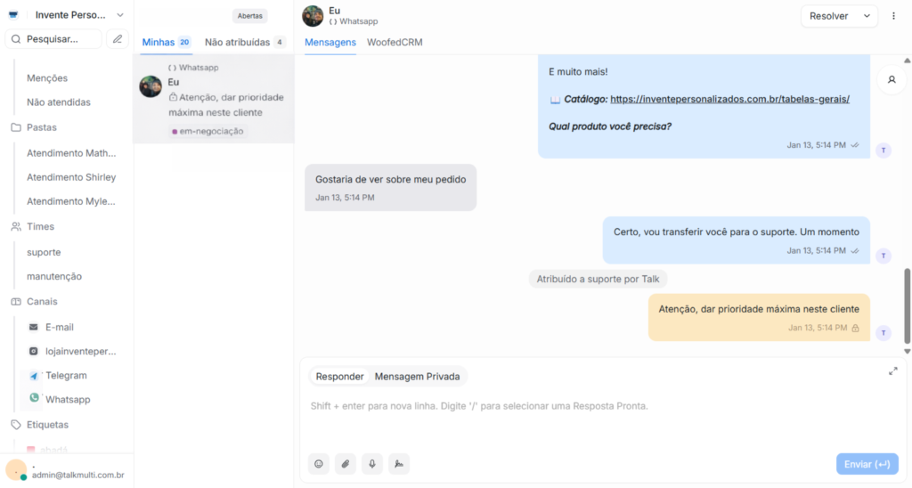 Tela da caixa de entrada unificada com conversas, filas e atribuição de atendimentos na Talk Multi