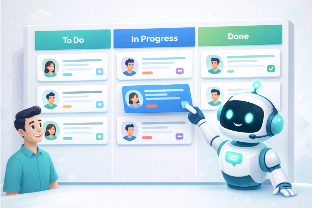 Ilustração de quadro Kanban para organizar o fluxo de atendimento em colunas e melhorar a colaboração da equipe