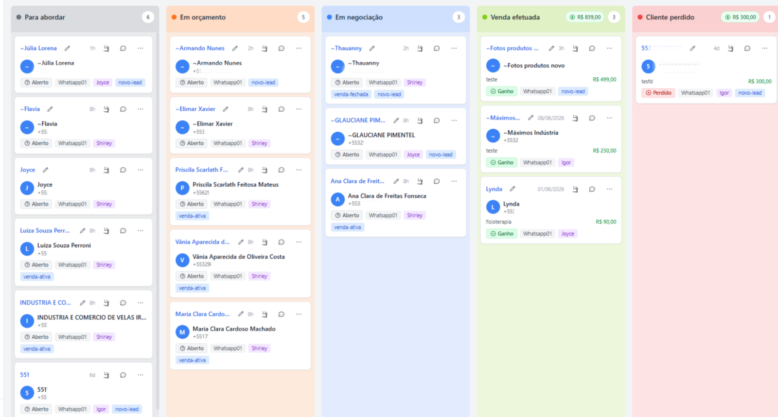 Kanban da Talk Multi com colunas e cards de atendimento
